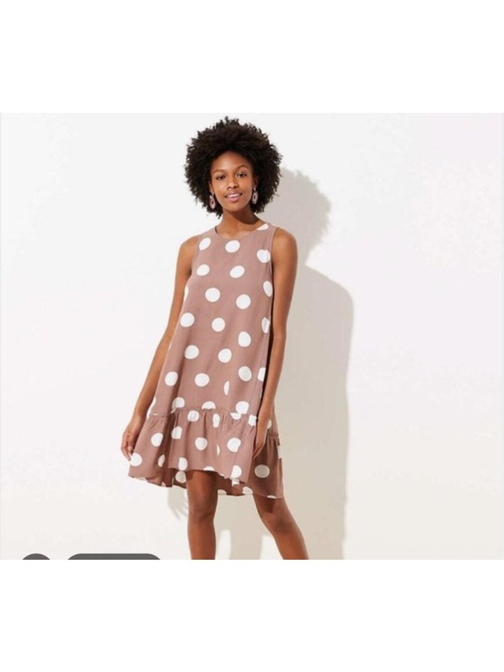 LOFT Brown White Polka Dot Tiered Shift Dress Tie Back Petite Medium Midi